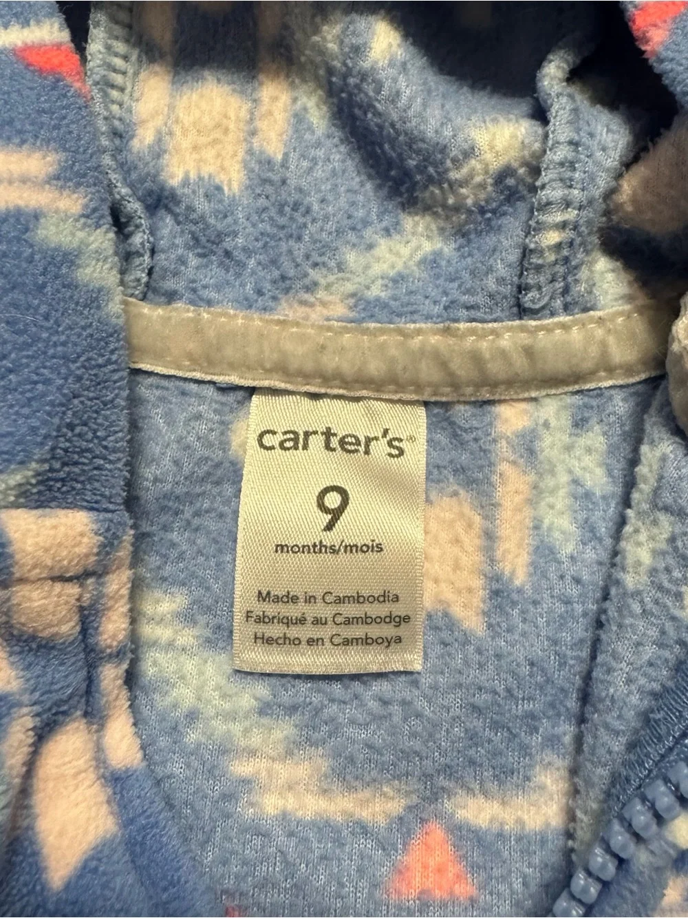 Carter's Baby Girl Fleece Full Zip Hoodie Jacket Blue Aztec Print Peplum 9 Month